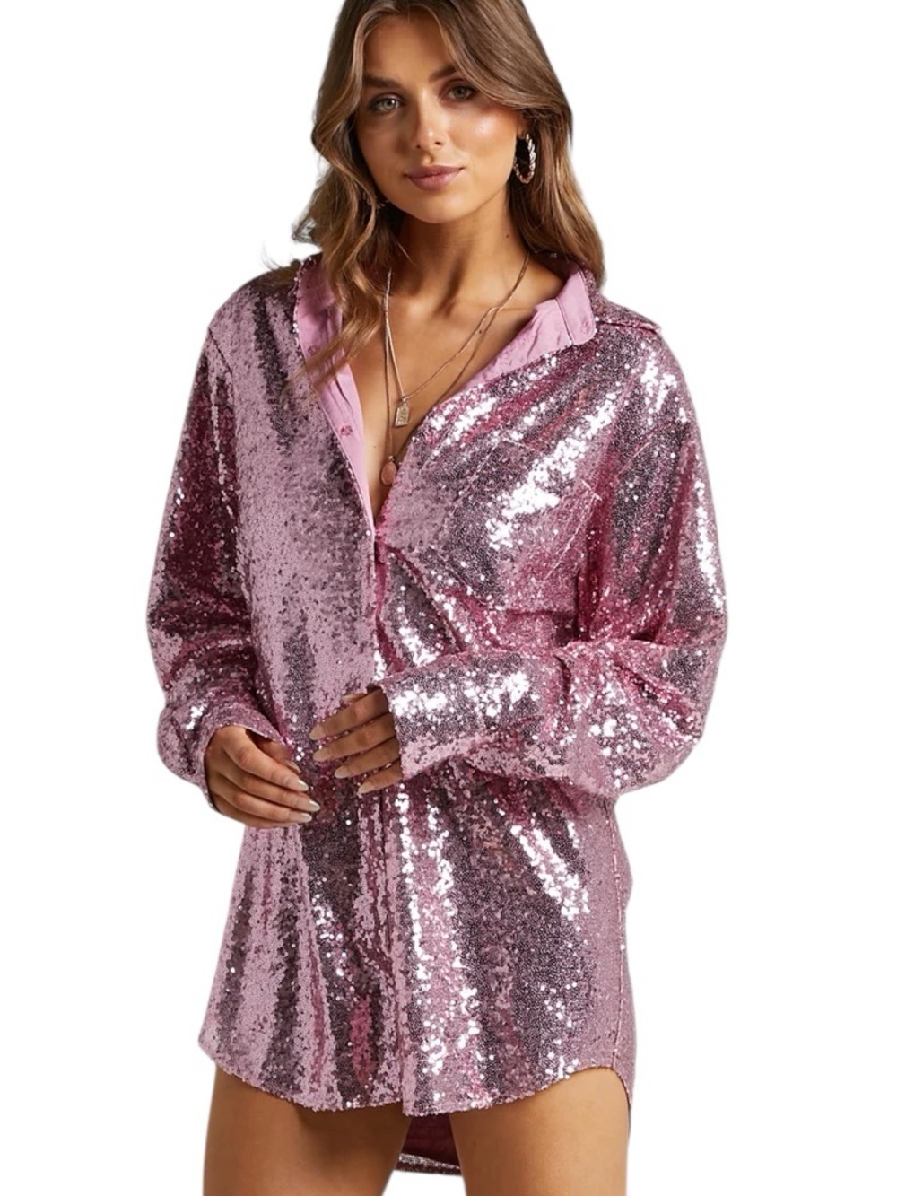 SHOWPO CALLY MINI DRESS OVERSIZED SHIRT DRESS IN LILAC SEQUIN